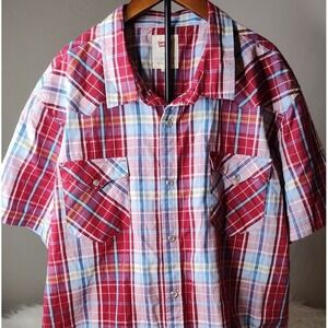 Levi's Western Shirt Mens XXL Red Plaid Short Sleeve Pearl Snap Button Down‎